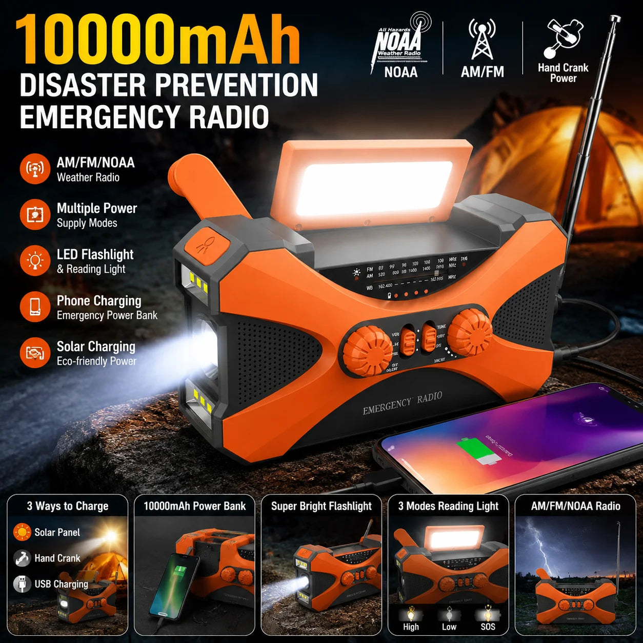 Portable Rechargeable LED Flashlight Solar Power Crank Radio 10000Mah Dual Speaker Emergency Light SOS Alarm