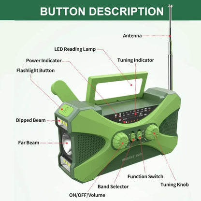 Portable Rechargeable LED Flashlight Solar Power Crank Radio 10000Mah Dual Speaker Emergency Light SOS Alarm