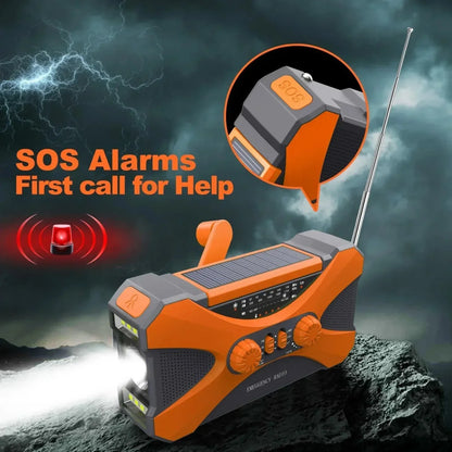 Portable Rechargeable LED Flashlight Solar Power Crank Radio 10000Mah Dual Speaker Emergency Light SOS Alarm