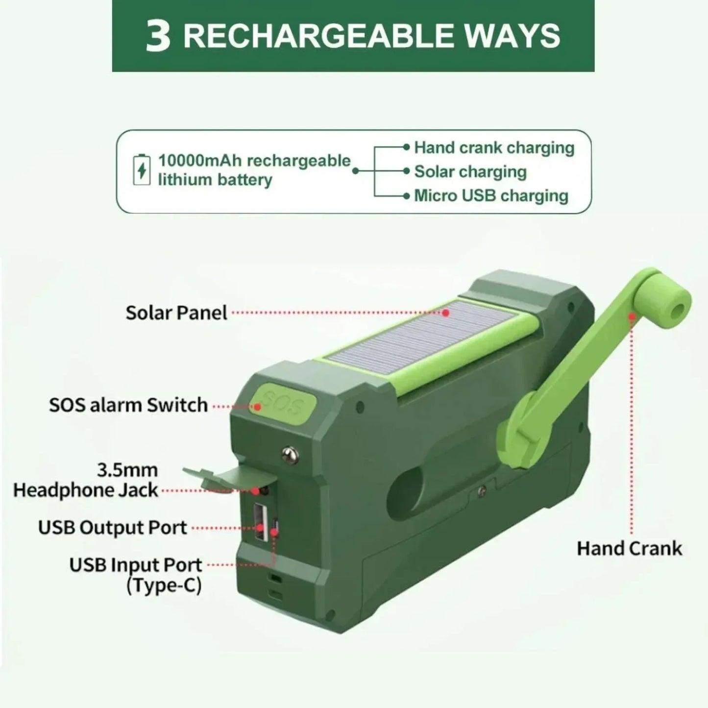 Portable Rechargeable LED Flashlight Solar Power Crank Radio 10000Mah Dual Speaker Emergency Light SOS Alarm