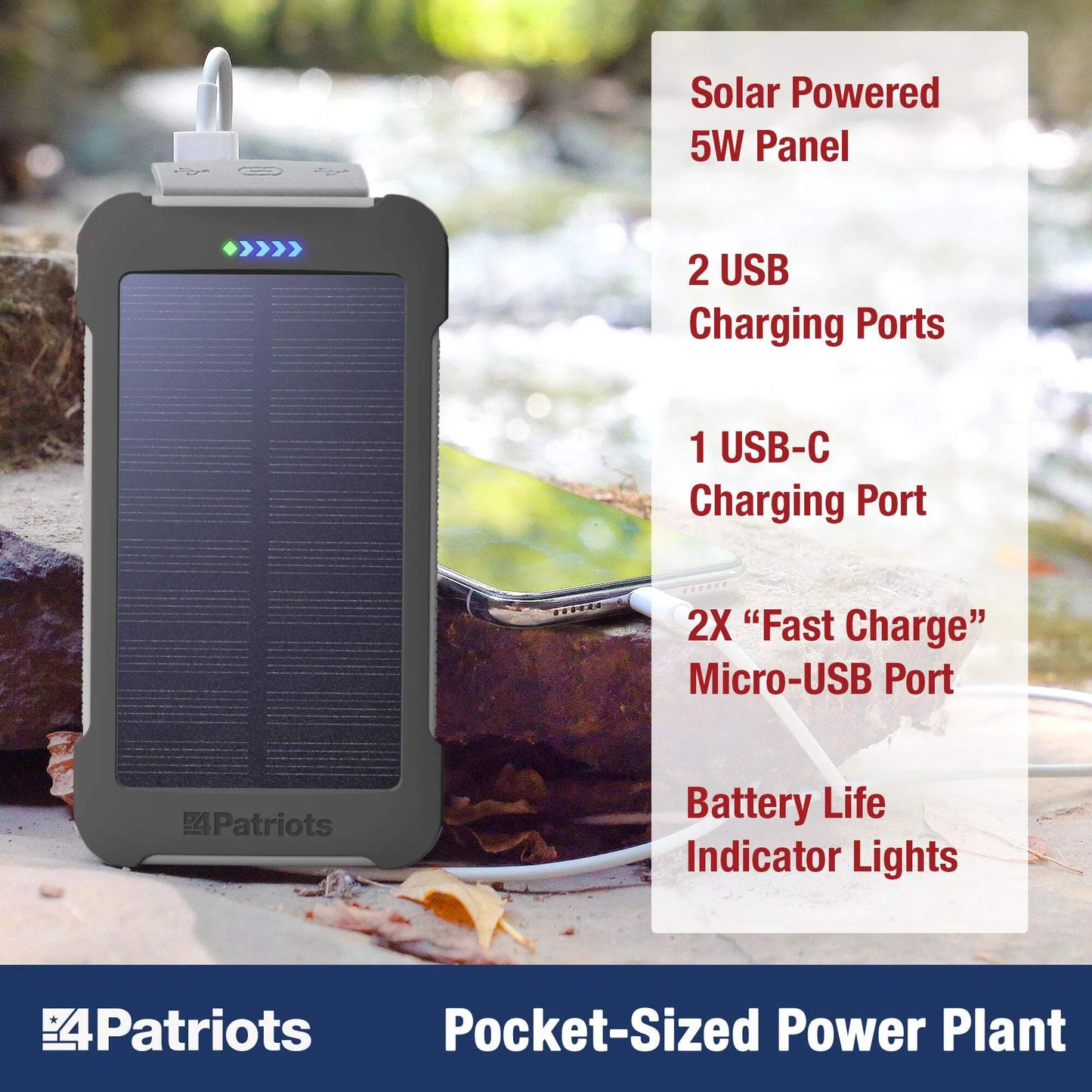 4Patriots 4-Pack Patriot Power Cell Bundle: Portable Solar Power, Rechargeable Battery 2 USB Ports, 8,000 Mah Lithium Polymer Battery, LED Flashlight & IP67 Water Resistant for Hiking or Emergencies