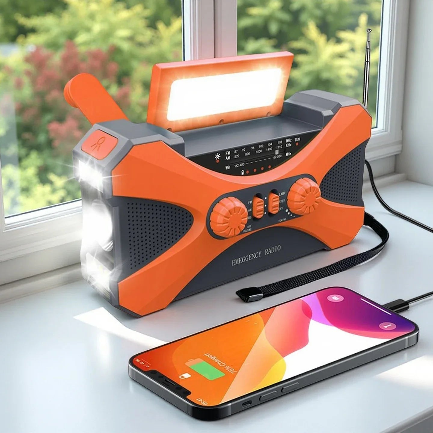 Portable Rechargeable LED Flashlight Solar Power Crank Radio 10000Mah Dual Speaker Emergency Light SOS Alarm